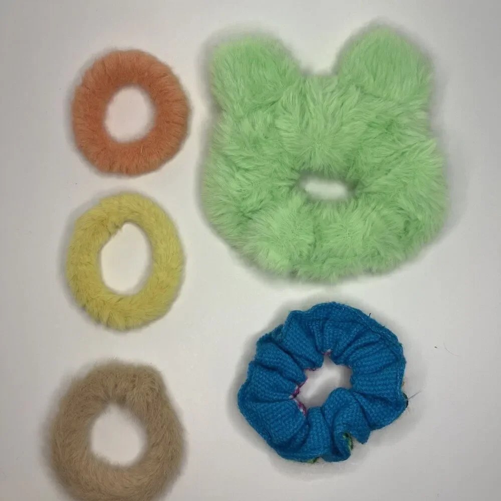 Fabric Scrunchie Set of 5 Girls - FUZZY 3 SOLID COLOR / GREEN FROG / MULTI-COLOR